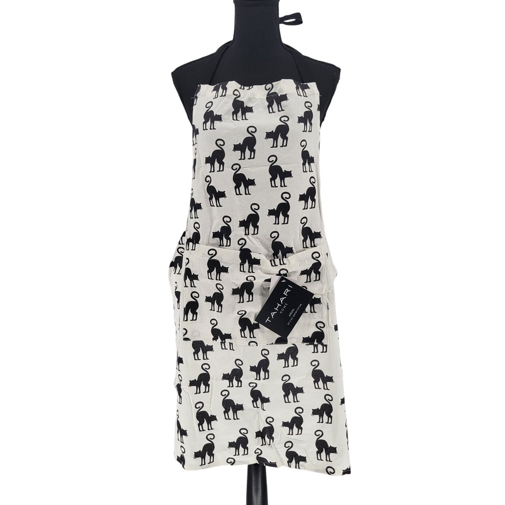 Tahari Home Black Cat Print Kitchen Apron White Black Halloween NWT 24x32